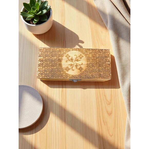 Hand Carved Wooden Box Tarot Floral Motif Latch Closure Storage Jewelry Decor - Picture 4 of 12